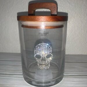 Crystal Skull Glass Jar with Wooden Lid 5”